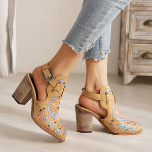 Women's Retro Vintage Square Heel Sandals New Summer Ethnic <b>Style</b> Buckle Strap Embroidered Fashion Trend Spring Winter - Product Image 5