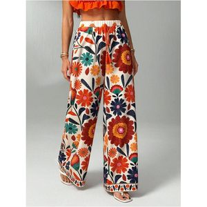 Pantalones Anchos de Cintura Media con Estampado Floral Bohemio para Mujer, Transpirables, con Cordón Elástico, Estilo Holgado, para Vacaciones - Product Image 3