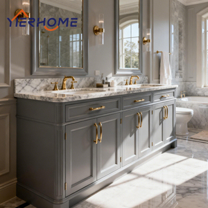 Mueble <span class=keywords><strong>de</strong></span> Baño <span class=keywords><strong>de</strong></span> Madera Maciza Personalizado <span class=keywords><strong>con</strong></span> <span class=keywords><strong>Lavabo</strong></span> Doble, Encimera <span class=keywords><strong>de</strong></span> Mármol, <span class=keywords><strong>Lavabo</strong></span> Cerámico Empotrado y Dos Grifos - Product Image 3