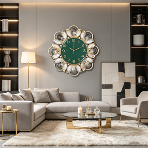 Orologio da Parete <span class=keywords><strong>Armens</strong></span> di Lusso in Stile Antico Moderno con Fiori e Conchiglie, Madreperla Naturale, Abalone Intarsiato, Cornice Placcata Oro e Strass - Product Image 2
