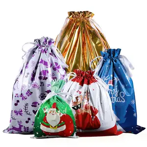 Custom Printing Plastic Shopping Gift Bags with Logo Packaging Pouch Christmas Decoration Drawstring Christmas Gift Bag
