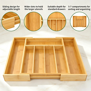 Bamboo Cutlery <b>Storage</b> <b>Box</b> Drawer Style Rectangular Expandable <b>Kitchen</b> Organizer No Lid For Home Use - Product Image 5
