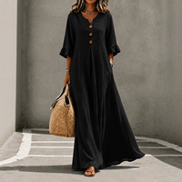 Robe longue unie à col en V pour femmes européennes et américaines, élégante et tendance, avec poches, coupe ample et jupe évasée