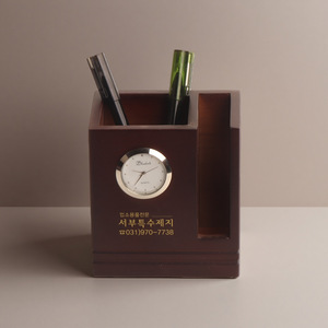 Solid Wood <b>Pen</b> Holder With Clock Square Desktop Office Stationery Storage <b>Box</b> Uv Printing Personal Gift For Colleagues - Product Image 2