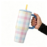Vaso térmico de acero inoxidable personalizado con estampado a cuadros, con tapa y pajita, taza con asa