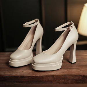 Mary Jane Pumps Women Round Toe Block Heel Ankle Strap Solid Color <b>Height</b> <b>Increasing</b> Wedding <b>Shoes</b> Y9595-1 - Product Image 1
