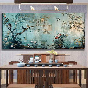 Pintura decorativa <span class=keywords><strong>de</strong></span> <span class=keywords><strong>turquesa</strong></span> y <span class=keywords><strong>flores</strong></span> y pájaros Extra ancha moderna sin marco <span class=keywords><strong>de</strong></span> la marca Diytree para la decoración del hogar y el dormitorio - Product Image 3