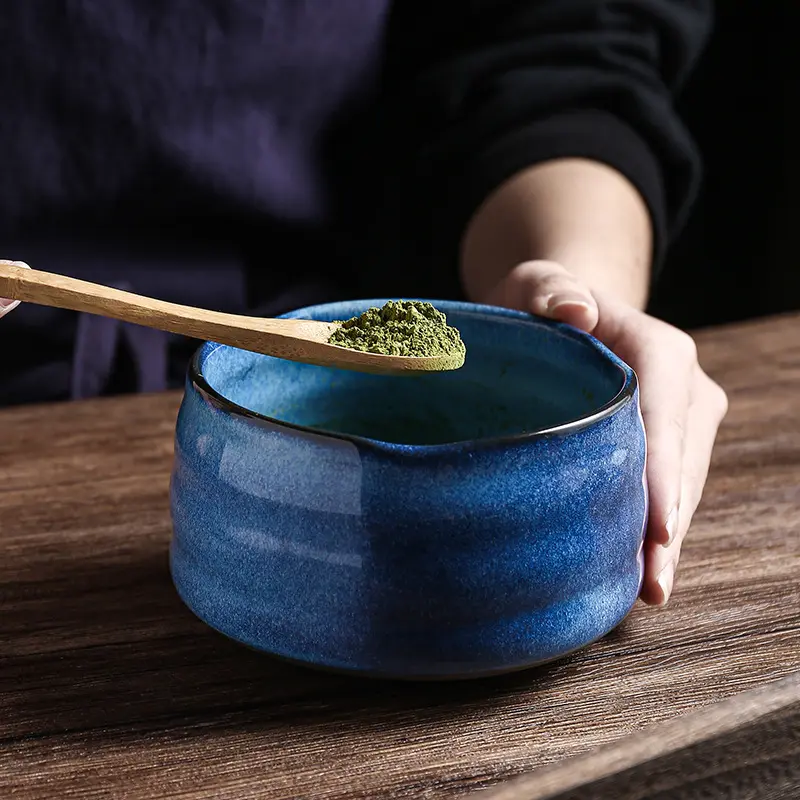 Cuenco de cerámica azul hecho a mano, accesorio de té tradicional japonés, ceremonia