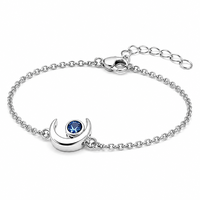 Bracelet en argent sterling 925 plaqué rhodium avec breloque croissant de lune et accent zircon bleu pour femme, bijoux en gros, cadeau