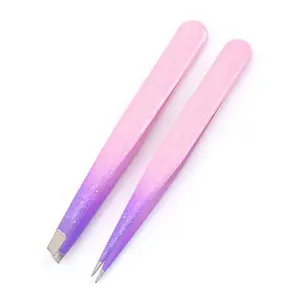 Fancy Stainless Steel Pink& Purple Silicone Epoxy Beauty Tool Slanted Pointed False Lash Extension Eyebrow Hair Removal Tweezers