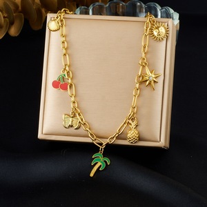Gold Plated Fruit Palm Tree Pendant Necklace With Butterfly Star Cherry Pineapple Charms For Party Fashion Jewelry - Product Image 1