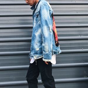 Vestes en jean déchirées personnalisées pour hommes, style hip-hop américain, avec imprimé flamme et fermeture éclair, vente en gros - Product Image 6