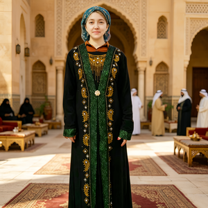 Middle Eastern Women's <b>Plus</b> <b>Size</b> Floor Length Abaya Paisley Beaded Embroidery Long Sleeve Cotton+Polyester Modest Dress Daily - Product Image 1