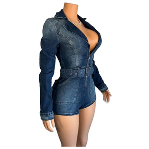 Viviblook Z529RP01 filles barboteuse moulante 2025 nouvelles femmes fermeture éclair couleur unie épissage élastique Denim à lacets une pièce barboteuse - Product Image 6