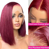 Cabello Humano Liso Brasileño Virgen Rojo 99J para Peluca, Encaje HD 13x4 Pre-Desplumado, Bob Corto para Mujeres Negras