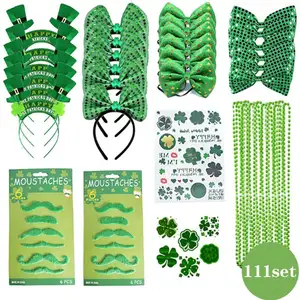 St. Patrick's Day Accessories Set With Green Bead Necklace Sequin Bow Headband Beard And Clover Tattoo For Irish Party Decor