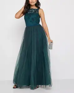 Vestido de tul con encaje para mujer, falda verde oscuro, 2023