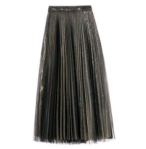 Ecowalson Fashion Vintage <strong>Silver</strong> Metal Casual Midi <strong>Skirt</strong> Elastic High Waist Long Pleated Mesh <strong>Skirts</strong> for Women - Product Image 6