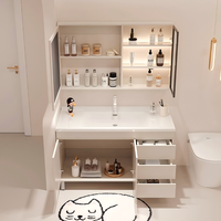 Meuble-lavabo double vasque mural de 48 pouces, style japonais moderne, avec miroir intelligent résistant à l'eau et vasque en céramique, pour salle de bain scolaire