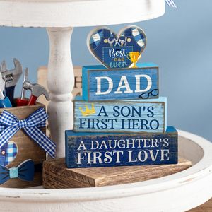 Décor en blocs <span class=keywords><strong>de</strong></span> bois 'Meilleur Papa <span class=keywords><strong>de</strong></span> Tous les Temps' avec support d'étagère à niveaux, Cadeau Fête des Pères Anniversaire, Panneau d'émotion 'Héroïque Amour' - Product Image 5