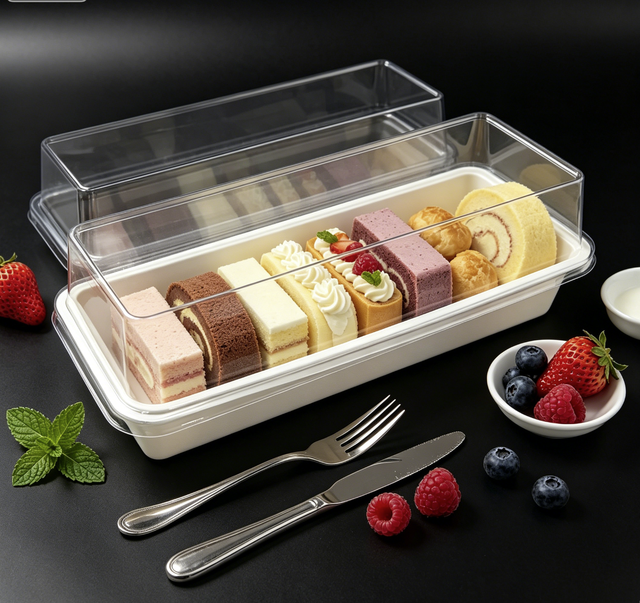 Food Grade Disposable Stackable Clear Plastic Pastry Container Long Shape Anti-Skid Tray Assorted Cut Cake Mousse Slice Salad