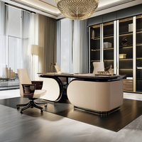 Ensemble de table et chaise de bureau de direction en cuir de luxe italien, mobilier de bureau à domicile en bois massif, bureau d'ordinateur moderne