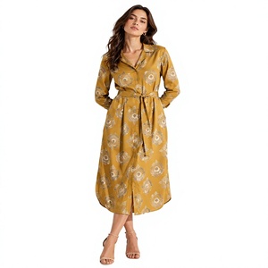 Robe chemise à manches longues pour femmes, imprimé floral, col rabattu, robe midi avec ceinture - Product Image 1