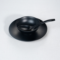 Service de vaisselle en mélamine noir brillant de haute qualité, écologique, avec ustensiles, bol de 7 pouces, assiette de 9-11 pouces, élégant