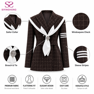 Abito Mini a Quadri Stile Preppy per Donna, Colletto alla Marinara, Maniche Lunghe, Tre Strisce, Stile Blazer Svasato, Produzione Personalizzata all'Ingrosso - Product Image 3