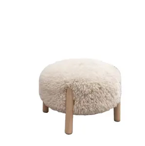 Nordic Living Room Furniture White Teddy Fabric Stool Chair Round Fabric Home Ottomans With Wooden Legs