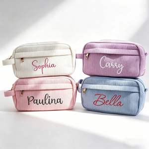 Personalized Corduroy Makeup <b>Bag</b> With Custom Embroidery Name, Aesthetic Toiletry Travel <b>Bags</b> for Women - Product Image 1