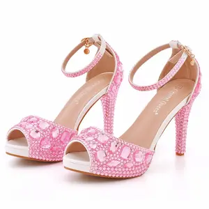 fashion elements Diamond Waterproof sandals rhinestone decor stylish silver platform heels Thin Heel Crystal Bridal Shoes