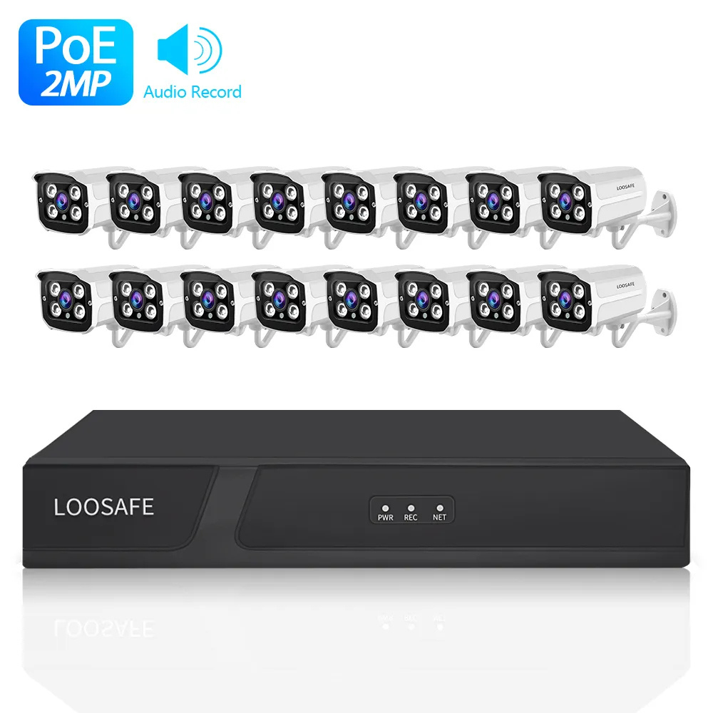 Loosafe 1080P 16 सीएच चैनल आउटडोर सेट रंगीन चित्र गति सीसीटीवी NVR आईपी कैमरा POE किट डे कैमरा डे सुरक्षा पूर्ण Hd