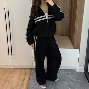 High Quality <b>Suede</b> Print <b>Women's</b> Autumn Jogger Set Custom Logo Side Stripe Hooded Zip <b>Jacket</b> Wide Leg Pants 2 Piece Casual - Product Image 1