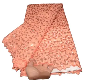 AG9187 Peach Sequence Lace High Quality African Handcut Organza Sequins Lace Fabrics For Women 5 Yards