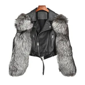 2022 Winter Warm Women Jacket Echte Schaffell Shear ling Fur Lederjacke mit Fox Fur Sleeves