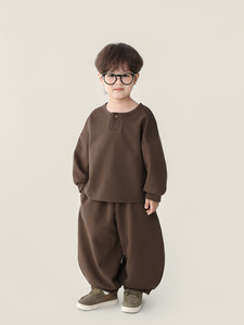 Ensemble <span class=keywords><strong>de</strong></span> vêtements pour garçons, style coréen, couleur unie, coton, ensemble sweat-shirt et pantalon deux pièces, printemps et automne - Product Image 4
