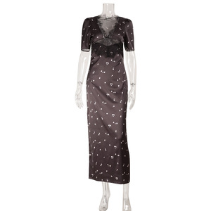 <span class=keywords><strong>Vestido</strong></span> <span class=keywords><strong>Midi</strong></span> Elegante de Alta Gama para Mujer, Otoño, Satén con Encaje, Cuello en V, Diseño Hueco, Estampado de Lunares, <span class=keywords><strong>Manga</strong></span> <span class=keywords><strong>Media</strong></span> - Product Image 4