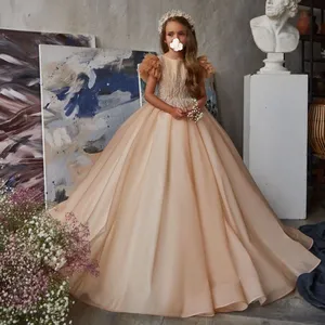 Bambini all'ingrosso Boutique Rose Lace Pink Tulle Off-spalla Wedding Flower Girl Twirl Ballroom Dress con grande fiore