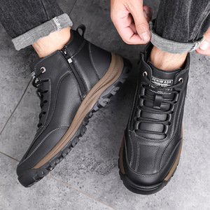 Bottes d'hiver pour hommes, hauteur cheville, en cuir véritable, doublure en fourrure, antidérapantes, chaudes, pour l'extérieur, bout rond, semelle en caoutchouc, semelle intermédiaire en EVA - Product Image 4