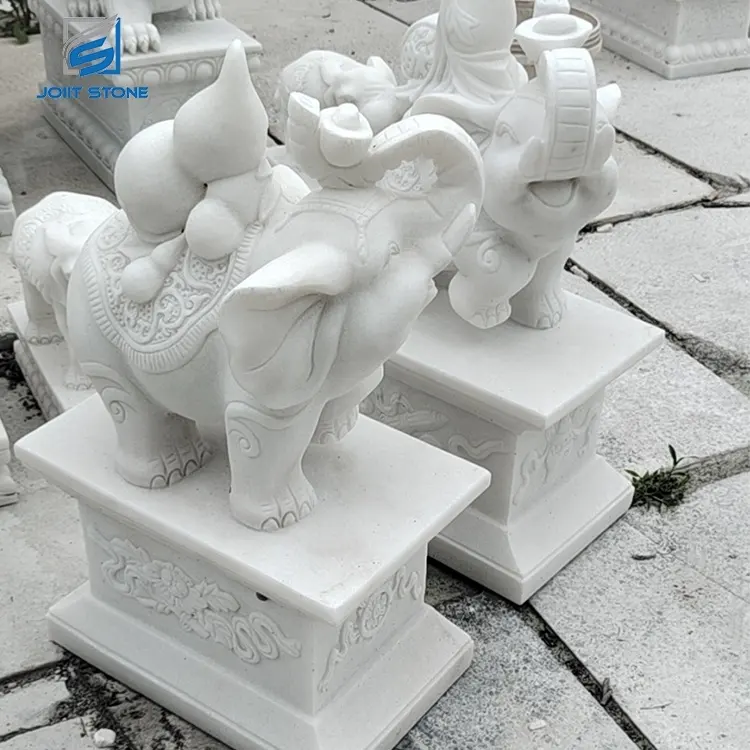 Natural Modern Small Size White Marble Stone Pair Elephant For Entrance