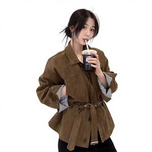 سترة YSHUO نايوي الخريفية ذات الملمس القديم من الجلد المخملي، بأزرار مفردة وحزام خصر محدد - Product Image 4