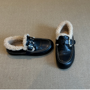 Genuine Leather Retro Women <b>Shoes</b> Belt Buckle Design Warm Furry Lined Slip-on <b>Shoes</b> Winter Warm Wrap-heel Cotton <b>Shoes</b> - Product Image 5