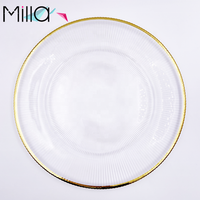 Assiettes de présentation transparentes en verre de 13 pouces avec motif rayé et bord doré