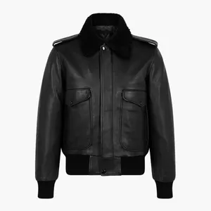 OEM Service Mens Bomber Wool Fur Collar Leather Jacket Pilot Removable Fur Collar Leather Fashion Men Jacket