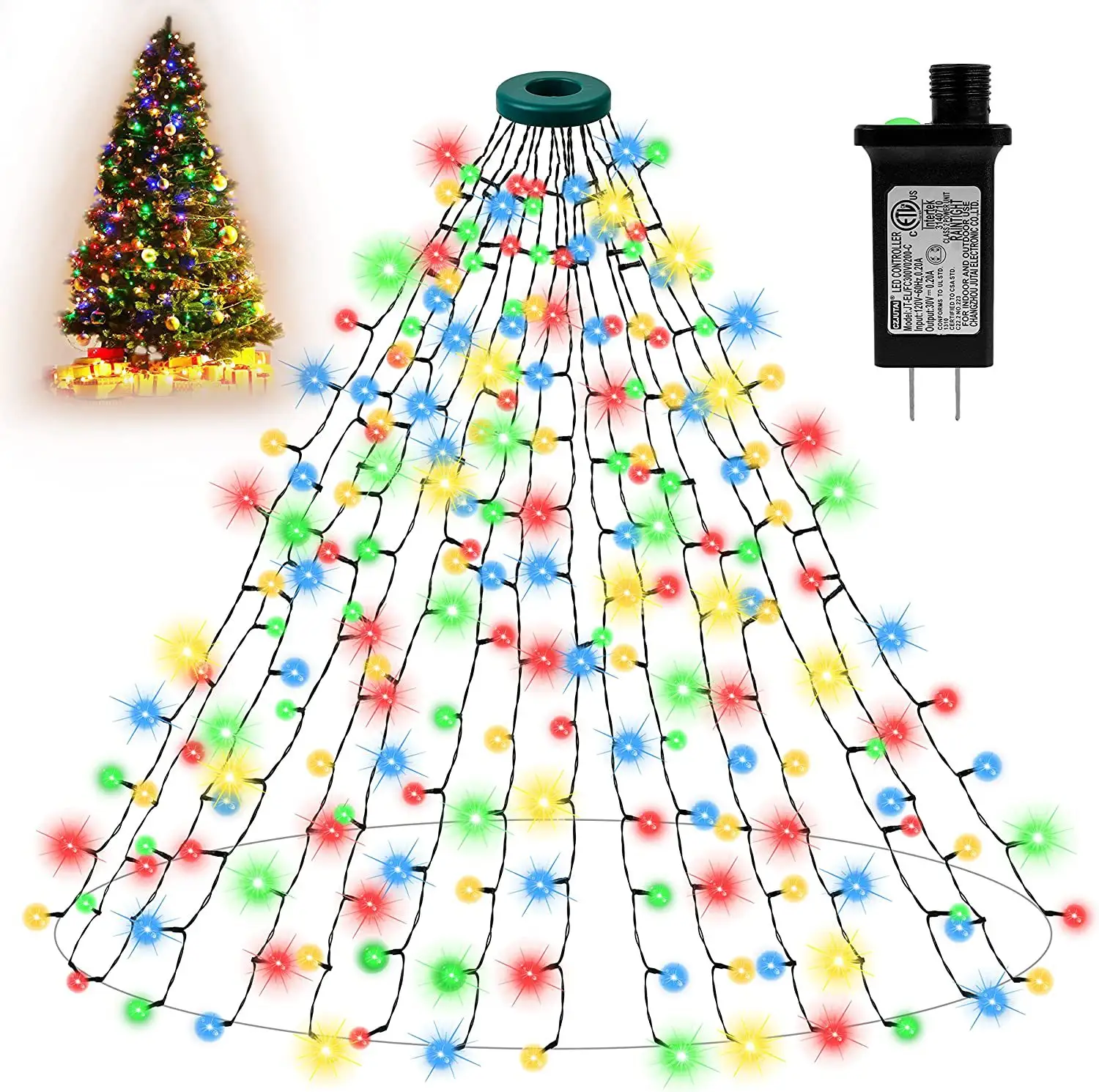 Nuevas luces de Navidad led para exteriores, luces de cadena de decoración de árbol de Navidad con cascada superior de estrella de anillo