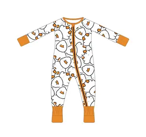 Cartoon duck print organic bamboo cotton baby pajamas infant rompers with zipper hood