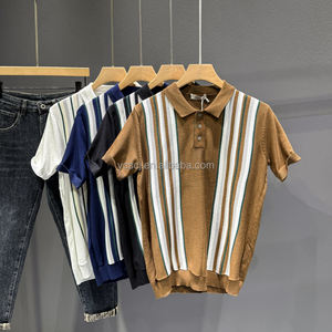 Мужская рубашка-поло в британском стиле в стиле ретро, легкая зрелая трикотажная рубашка с короткими рукавами и контрастными вертикальными полосами, слегка свободная - Product Image 2