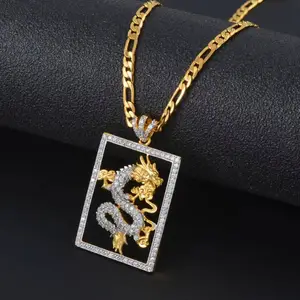 El más vendido, joyería de dragón de plata china de oro de 18 quilates con piedras Cz, collar con abalorio de dragón auspicioso de acero inoxidable, colgante de la suerte