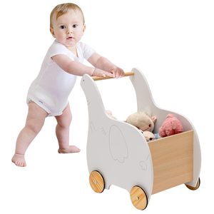 Marche-bébé 2-en-1 et poussette jouet en <span class=keywords><strong>bois</strong></span> avec roues à anneau en caoutchouc, pneus de 8,5 pouces, selle en <span class=keywords><strong>bois</strong></span> et planche d'équilibre - Product Image 1